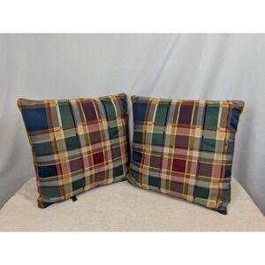 Lot of 2 Portofino Throw Pillows Plaid Tartan Check Green Maroon Gold Cord Trim